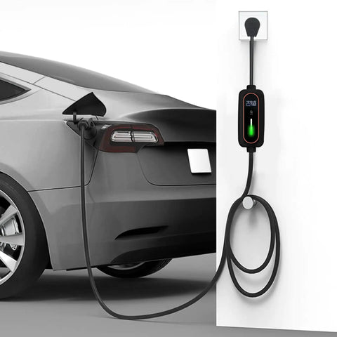 Tesla Portable Mobile Charger 32A Adjustable Amperage With Nacs J1772 Adapter Scheduled Smart Plug Touchscreen Display Model 3 Y charging car