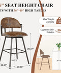 Detailed measurements of 26 Inch Bar Stool Set Of 3 Modern Sleek Swivel Counter Height Chairs With Backrests And Metal Legs Faux Leather Upholstered Barstools For Kitchen Island And Dining Room