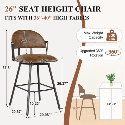 Detailed measurements of 26 Inch Bar Stool Set Of 3 Modern Sleek Swivel Counter Height Chairs With Backrests And Metal Legs Faux Leather Upholstered Barstools For Kitchen Island And Dining Room