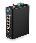 Heavy Duty PoE Switch With Eight PoE Plus Ports And One Gigabit Uplink for industrial networks, front view, wall mountable.