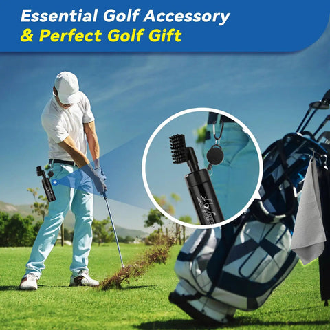 Golfer using All-In-One Golf Club Cleaner Kit With Water Brush, Groove Sharpener, And Microfiber Towel on course