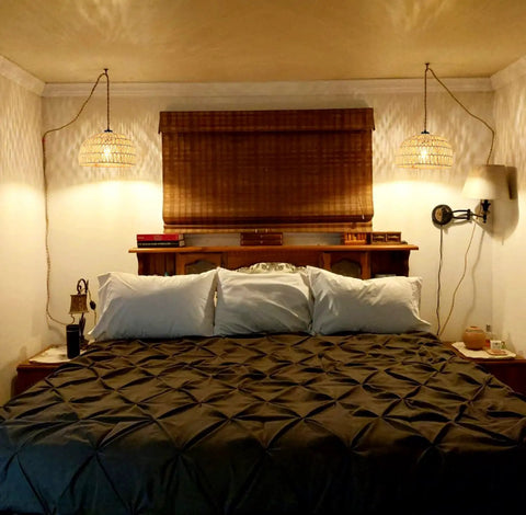 Plug In Pendant Light With Dimmable Cord Handcrafted Rattan Wicker Basket Shade Boho Farmhouse Hanging Lamp over bed