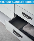 Drawer with 4 Pack Black Zinc Alloy Barn Door Handles Set With Mounting Plates 5 Inch Hole Center Spacing, anti-rust feature shown