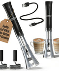 Hands Free Milk Frother Wand With Stand Low Noise Rechargeable Electric Frother With Stainless Steel Shaft For Stable Frothing Anti Accidental Start Design Double Coil Whisks For Creamy Coffee Froth in use with accessories visible.