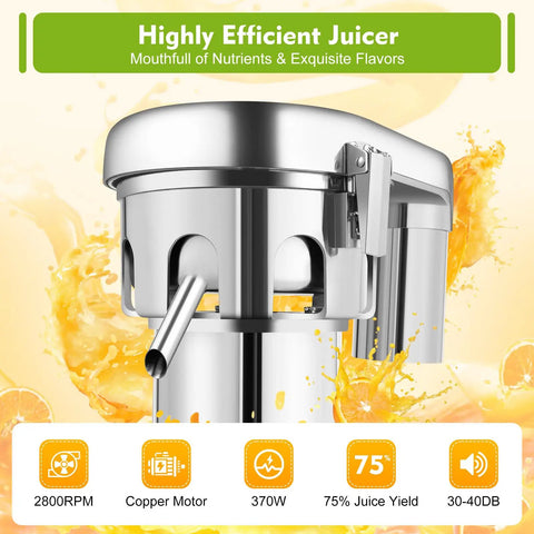 Fresh 370W Commercial Electric Juicer With Auto Pulp Separator And High Speed Motor, stainless steel design with large feed opening.
