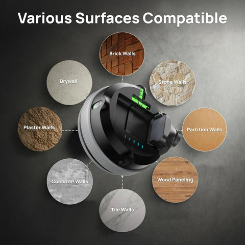 MCube02 Laser Level Tool With Vertical And Horizontal Green Line Lasers showing compatibility with various wall surfaces