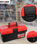 Lightweight 14 inch plastic tool box with comfortable handle and removable tray, dual lock latches, red finish for home or car