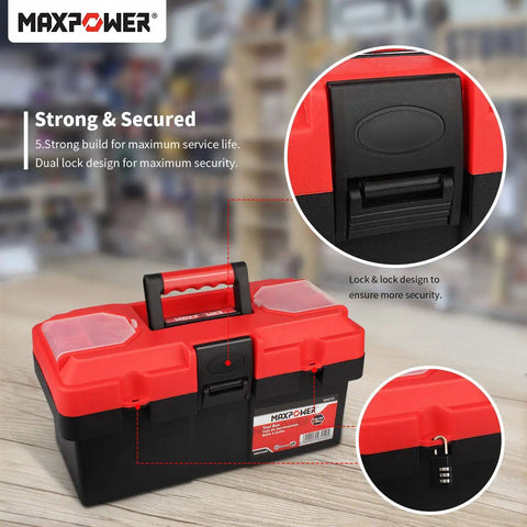 Lightweight 14 inch plastic tool box with comfortable handle and removable tray, dual lock latches, red finish for home or car