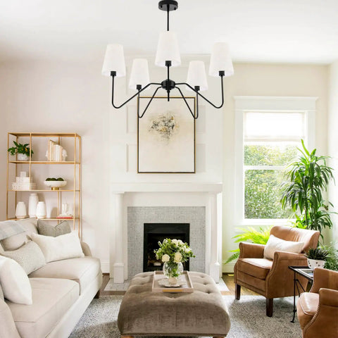 Five Light Modern Black Farmhouse Chandelier With Linen Beige Fabric Shades, 30 Inch Pendant Ceiling Light in living room setting