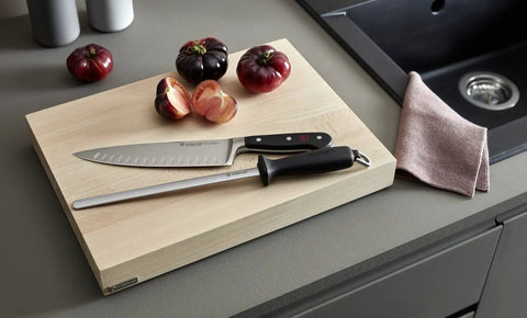 10 Inch Diamond Sharpening Steel For Knife Maintenance, Pro Grade Honing Rod For Kitchen Blades on cutting board with knife