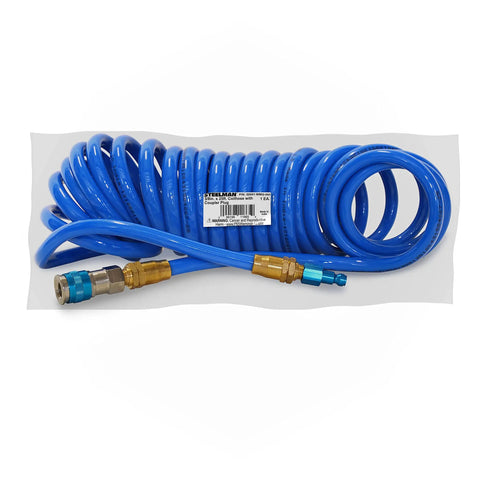 25 Foot Coiled Air Hose 3/8 Inch ID With Reusable 1/4 Inch NPT Brass Fittings, Quick Connect AMT Style Coupler Visible