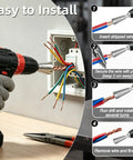 Dexspoeny 3 Piece Wire Twister Tool Set For Drill used with drill and wires, showcasing easy installation steps for wire twisting.