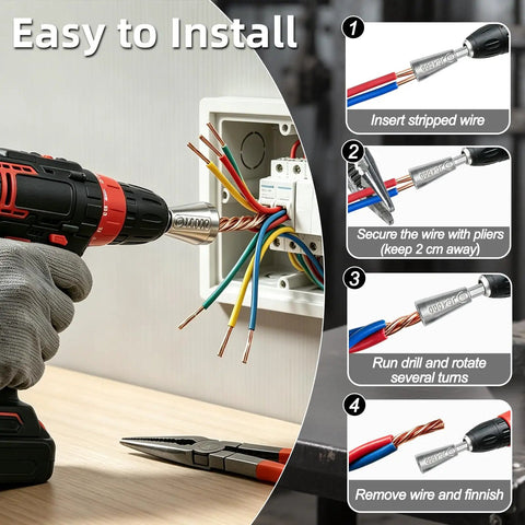 Dexspoeny 3 Piece Wire Twister Tool Set For Drill used with drill and wires, showcasing easy installation steps for wire twisting.