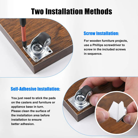 Image showing installation methods for Tiny Half Inch Caster Wheels Set With 360 Degree Swivel Low Profile Plate Casters, with screws and adhesive.