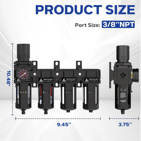Beefed Up Three Eighths Inch NPT Four Stage Air Drying System with filters and regulator, black, size dimensions shown.