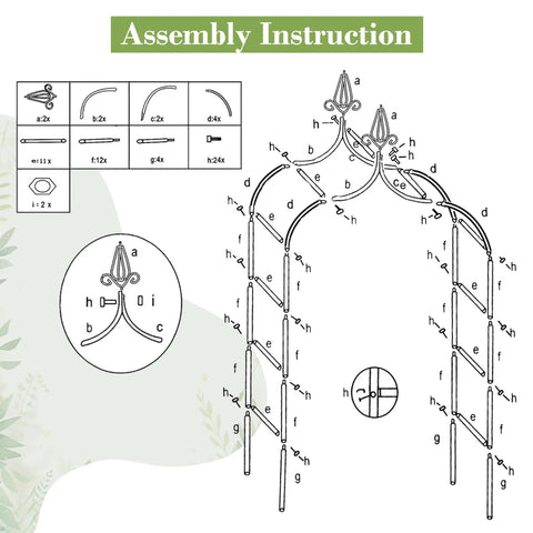 Assembly instructions for Sturdy Metal Garden Arbor Frame Stand Arch Trellis For Climbing Plants And Wedding Backdrop Outdoor Decor