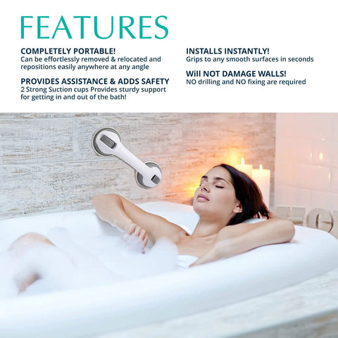 Woman relaxing in bathtub with No Slip Suction Grab Bars For Bathtubs And Showers, Elderly Safe Bathroom Accessories mounted on tile wall.