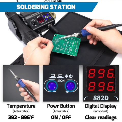 All In One Pro Grade Soldering Iron Station And Hot Air Rework System With Precision Temperature Control, showing temperature range and digital display