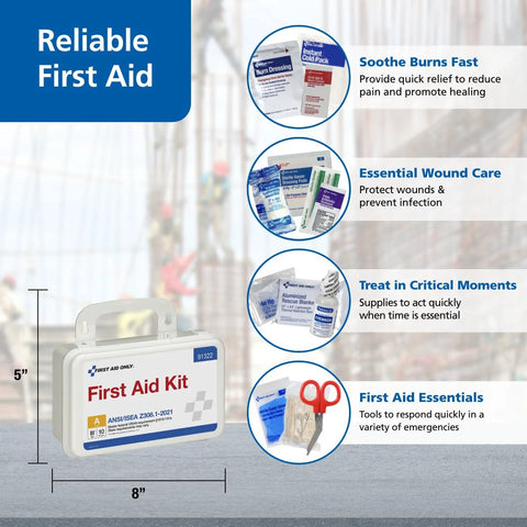 First Aid Kit in a white plastic case with handle, 8 x 5 inches, 76-piece ANSI A2021 OSHA compliant.