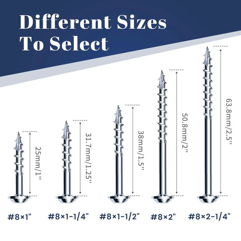 Different sizes of Pocket Hole Screws Kit 8 x 1-1/4 Inch Square Drive Self-Tapping Wood Screws Zinc Coated displayed in a row.