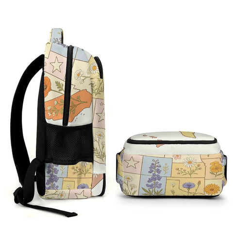 Side view of Vintage Botanical State Flower Map Backpack For Everyday Carry, unisex large capacity daypack with floral print.