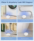 Six Pack Water Leak Detectors With 100dB Alarm Battery Operated Water Sensor Alarms placed in laundry room, under sink, basement, bathroom