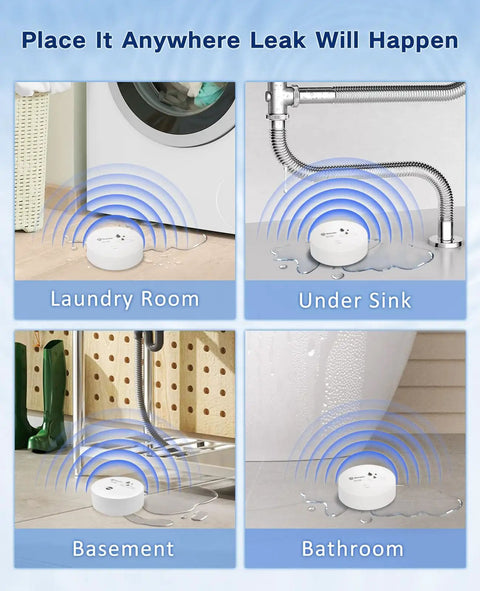 Six Pack Water Leak Detectors With 100dB Alarm Battery Operated Water Sensor Alarms placed in laundry room, under sink, basement, bathroom