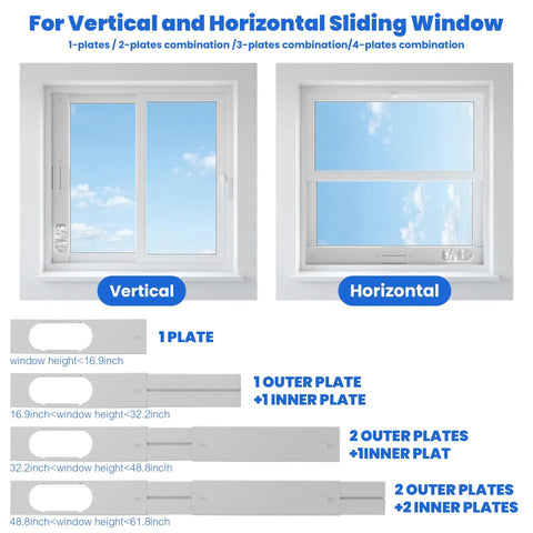 Portable Air Conditioner Window Vent Kit With 5.9 Inch Exhaust Hose, adjustable seal for vertical or horizontal windows displayed