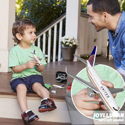 Child holding Mini Alloy Die Cast Model Airplane for Tabletop Display and Collector Showpiece with adult on porch steps