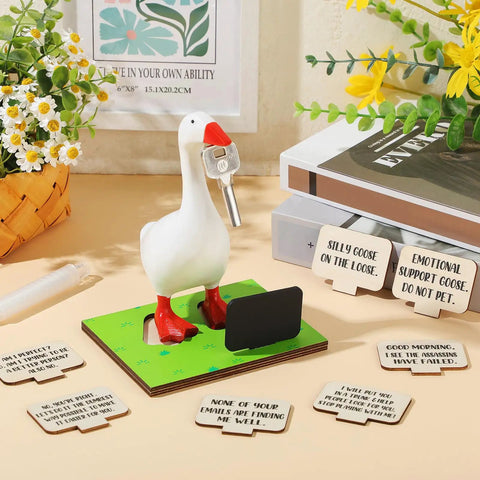 Magnetic Goose Key Holder With Wooden Base And Writable Sign Cute Resin Goose Statue Desk Deco 11 Piece Set With Chalk And Printing Boards For Home Office Housewarming Gift Includes Funny Quotes.