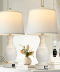 Table Lamps Set Of 2 Bedside Touch Lamps With USB-C And USB-A Charging Ports, white fabric shades, distressed gray bases on table