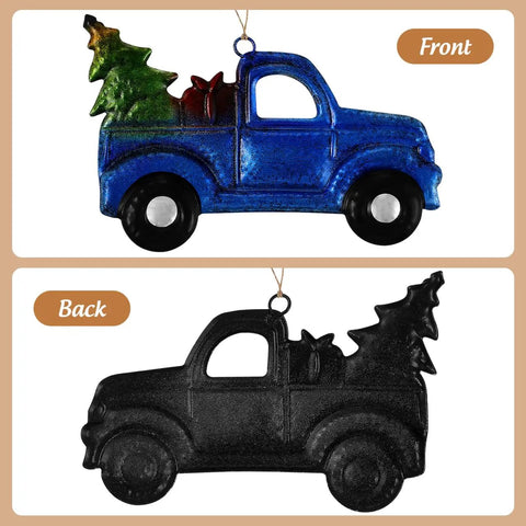 Front and back view of Blue Vintage Iron Christmas Truck Ornament For Christmas Tree, Rustic Farmhouse Style Hangable Pendant Decor