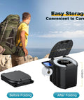 No Sweat Heavy Duty Portable Camping Toilet With Upgrade Soft Seat Cushion And Splash Guard Easy Fold Outdoors Potty Detachable Paper Holder 500 Pound Capacity Van Life Essential shown in folded and unfolded states