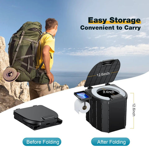 No Sweat Heavy Duty Portable Camping Toilet With Upgrade Soft Seat Cushion And Splash Guard Easy Fold Outdoors Potty Detachable Paper Holder 500 Pound Capacity Van Life Essential shown in folded and unfolded states