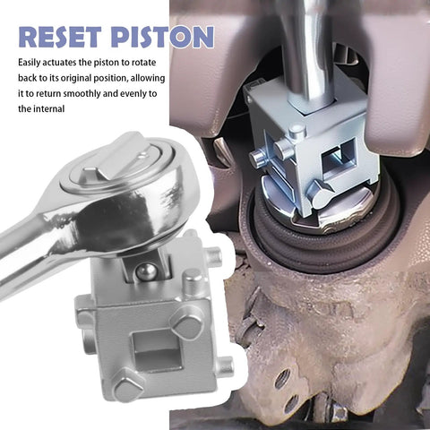 Six-Side In One Car Brake Caliper Compression Tool With Three Eighths Inch Square Drive in use during brake adjustment