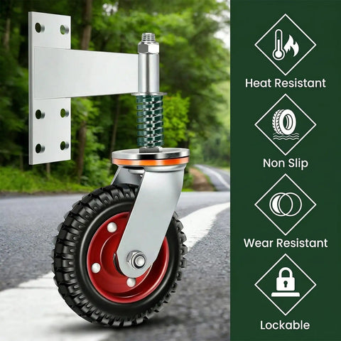 6 Inch Heavy Duty Gate Wheel With Rugged Steel Build And Hardened Rubber Tire, showcased on a wooded road with lockable features.
