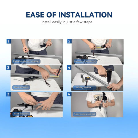 Installation steps for Dock Pole Auger for Aluminum Poles and 2 Inch O D Tubing, illustrating tools, measuring, and drilling process.