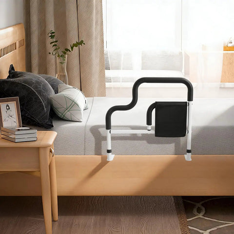 Bedside Grab Rail For Seniors With Storage, L Shaped Bed Rail For Safety And Mobility, Fits Most Beds And Mattresses 3.94 To 5.91 Inches, Sturdy Carbon Steel Frame, Easy Install, Perfect For Hospitals And Home Use on bed
