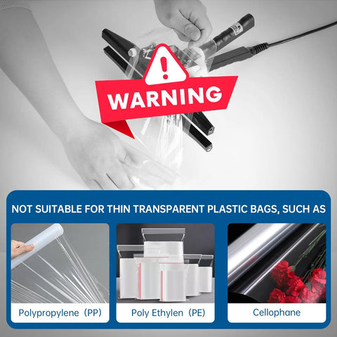 Warning message for Killer Portable Handheld Heat Sealer For Mylar And Foil Bags, not suitable for PP, PE, or cellophane bags.