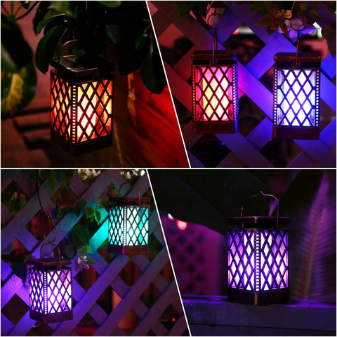 Multicolor Outdoor Solar Lanterns Pack Of 2 Waterproof Hanging Lights with 9 Modes and Flickering Flame in garden setup