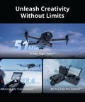 Mavic 4 Pro Drone Creator Bundle With 512GB, 6K60 HDR, 100MP Hasselblad Wide showing flight time, transmission range, RC Pro 2 control.