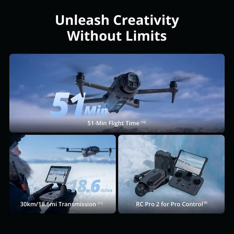 Mavic 4 Pro Drone Creator Bundle With 512GB, 6K60 HDR, 100MP Hasselblad Wide showing flight time, transmission range, RC Pro 2 control.