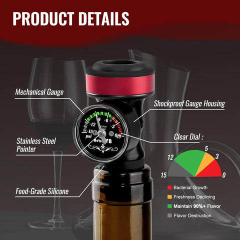 Wine Vacuum Sealer With Real Time Pressure Gauge And Hand Pump, Reusable Bottle Stoppers For Red And White Wines, Airtight Seal Keeps Your Wine Fresh Way Longer showing gauge and stopper