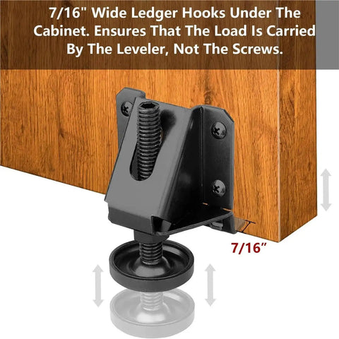 Heavy Duty Adjustable Table Leg Levelers Set Of 4 For Workbenches Desks And Cabinets With Rotating Height Screw Adjustment And Wide Base To Prevent Scratches And Slips On Uneven Floors, 7/16" under cabinet mount