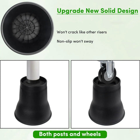 Heavy Duty 6 Inch Bed Risers Set, 9 Pack With Caster Pads, Holds Up To 6600 Lbs, Round Furniture Risers For Beds Sofas Desks And Chairs, Black No Slip Grip For Tight Spaces shown with top and side views.