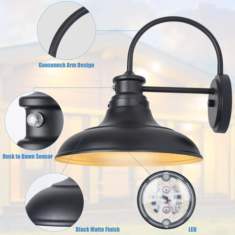 Two Pack Dusk To Dawn LED Outdoor Barn Lights With Gooseneck Wall Mounts, Black Finish, Photocell Sensor Close-Up
