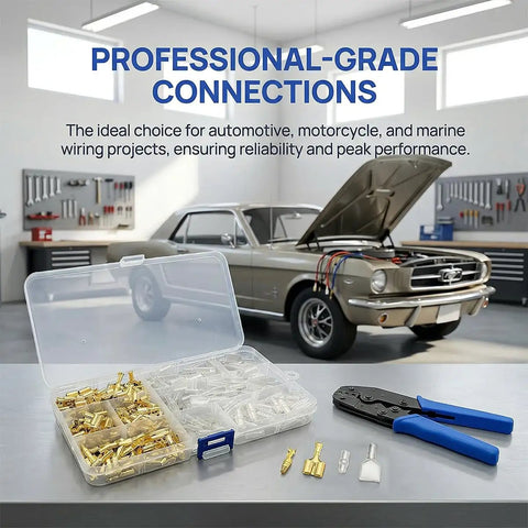Top Tier 50 Set Double Bullet Wire Connectors For Cars Trucks And RVs Featuring Heavy Duty Brass Terminals With Silicone Insulation Sleeves boxed connectors and crimp tool