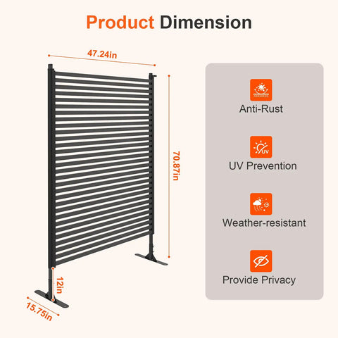 Outdoor Privacy Screen Panels Freestanding Metal Fence Wall with base feet dimensions and features, 47.24in x 70.87in.