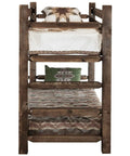 Front view of Twin Over Twin Bunk Bed From The Homestead Collection In Stain, handcrafted in America from lodge pole pine with built-in ladders.