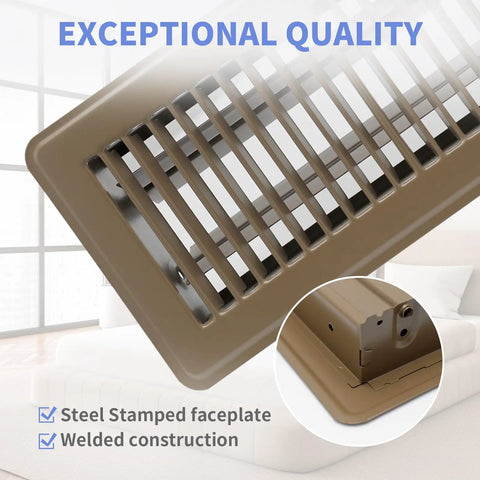 Close-up of Built Tough Heavy Duty 4 By 10 Floor Register in brown steel showing ventilation slats and welded construction.